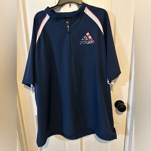 Adidas Mens Shirt 2XL Blue White 3 Stripe Activewear Drawstring Hem 1/4 Zip Vent